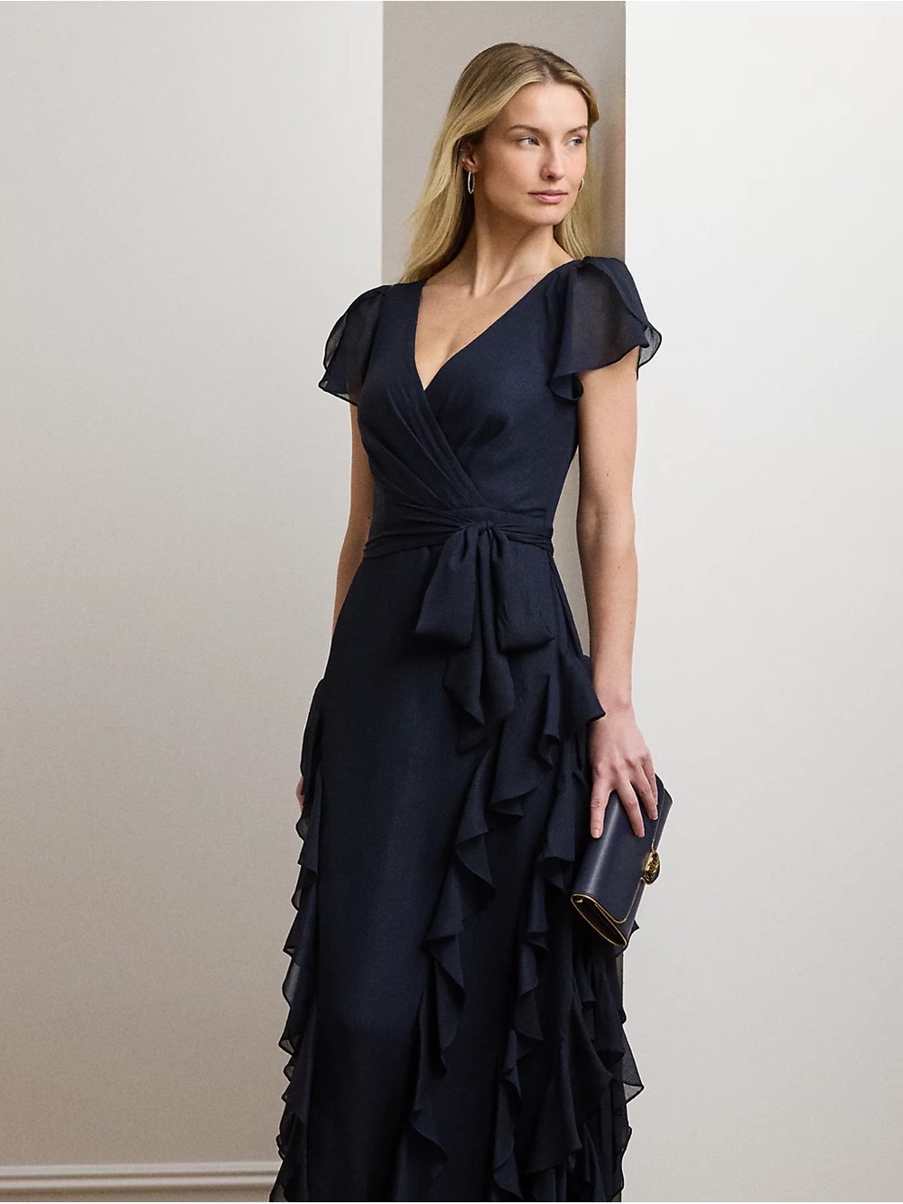 Lauren Ralph Lauren Ruffle Trim Metallic Chiffon Gown - Picture 2 of 8